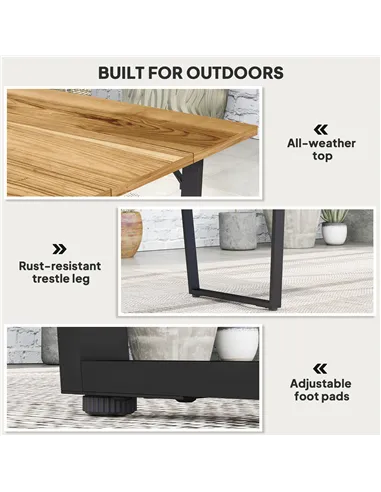 Outsunny 6 Seater Wooden Garden Dining Table, 175 x 80 cm Rectangular Outdoor Dining Table with 5cm Parasol Hole and Slatted Top