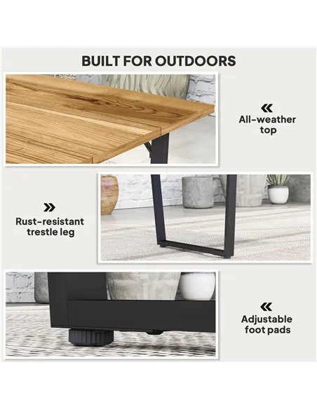 Outsunny 6 Seater Wooden Garden Dining Table, 175 x 80 cm Rectangular Outdoor Dining Table with 5cm Parasol Hole and Slatted Top