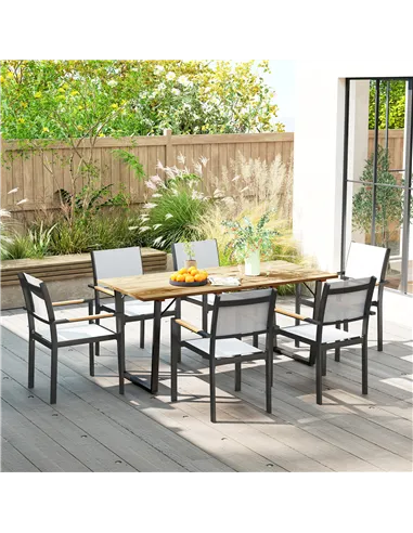 Outsunny 6 Seater Wooden Garden Dining Table, 175 x 80 cm Rectangular Outdoor Dining Table with 5cm Parasol Hole and Slatted Top