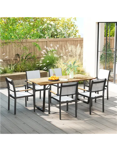 Outsunny 6 Seater Wooden Garden Dining Table, 175 x 80 cm Rectangular Outdoor Dining Table with 5cm Parasol Hole and Slatted Top