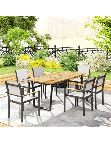 Outsunny 6 Seater Wooden Garden Dining Table, 175 x 80 cm Rectangular Outdoor Dining Table with 5cm Parasol Hole and Slatted Top