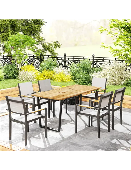 Outsunny 6 Seater Wooden Garden Dining Table, 175 x 80 cm Rectangular Outdoor Dining Table with 5cm Parasol Hole and Slatted Top