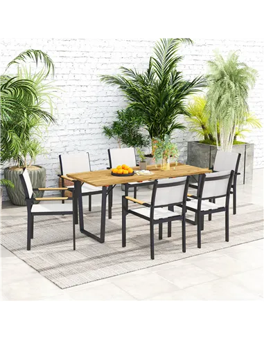 Outsunny 6 Seater Wooden Garden Dining Table, 175 x 80 cm Rectangular Outdoor Dining Table with 5cm Parasol Hole and Slatted Top