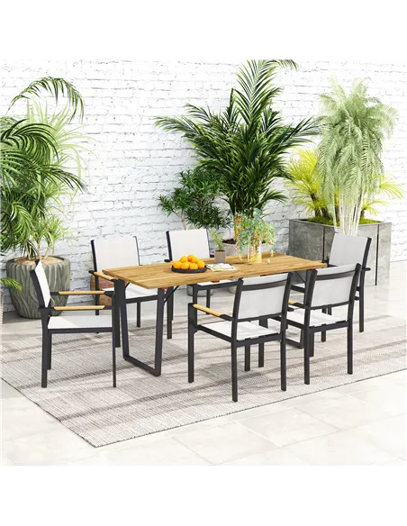 Outsunny 6 Seater Wooden Garden Dining Table, 175 x 80 cm Rectangular Outdoor Dining Table with 5cm Parasol Hole and Slatted Top