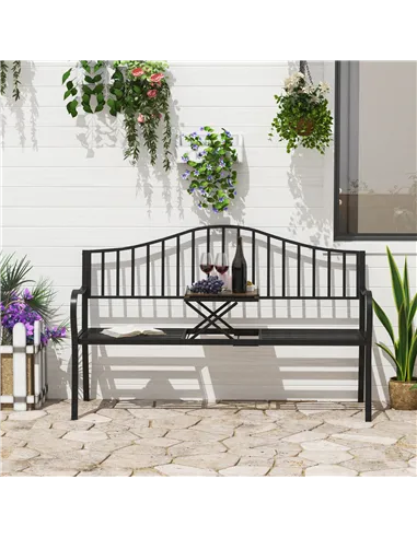 Outsunny Metal Bench W/Table,  150Lx53Wx95H cm