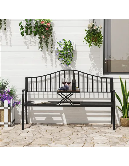Outsunny Metal Bench W/Table,  150Lx53Wx95H cm