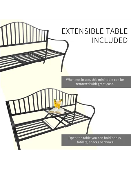 Outsunny Metal Bench W/Table,  150Lx53Wx95H cm