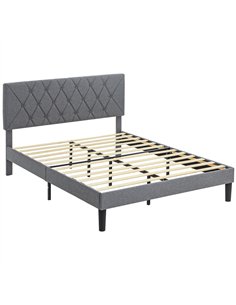HOMCOM Double Bed Frame with 5-Level Adjustable Linen Upholstered Headboard, Wooden Slats Mattress Foundation, No Box Spring Nee