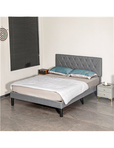 HOMCOM Double Bed Frame with 5-Level Adjustable Linen Upholstered Headboard, Wooden Slats Mattress Foundation, No Box Spring Nee