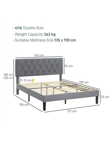 HOMCOM Double Bed Frame with 5-Level Adjustable Linen Upholstered Headboard, Wooden Slats Mattress Foundation, No Box Spring Nee