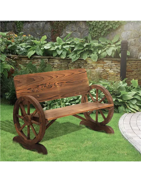 Outsunny Fir Wood 2-Seater Outdoor Garden Wagon Wheel Bench