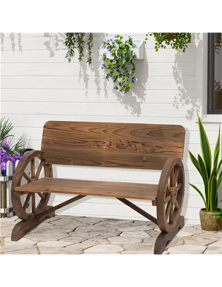 Outsunny Fir Wood 2-Seater Outdoor Garden Wagon Wheel Bench