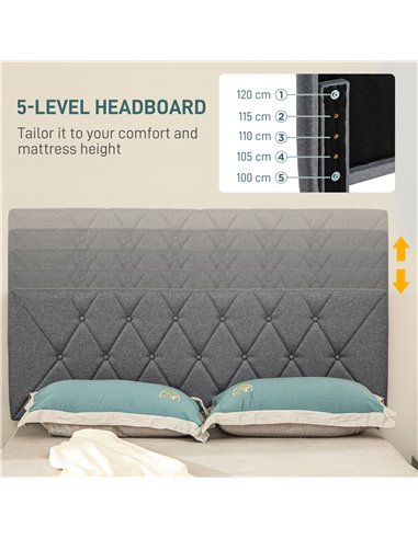 HOMCOM Double Bed Frame with 5-Level Adjustable Linen Upholstered Headboard, Wooden Slats Mattress Foundation, No Box Spring Nee