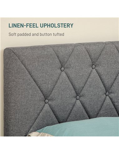 HOMCOM Double Bed Frame with 5-Level Adjustable Linen Upholstered Headboard, Wooden Slats Mattress Foundation, No Box Spring Nee