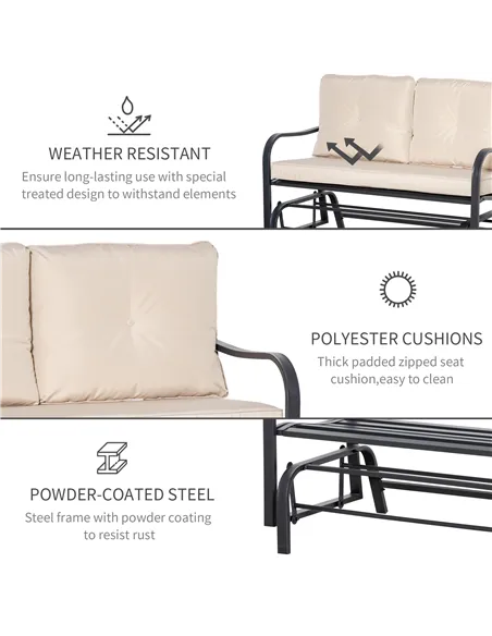 Outsunny 2-Person Outdoor Loveseat Glider Bench Rocking Chair for Patio, Garden, Yard, Porch with Armrest and Cushions, Khaki