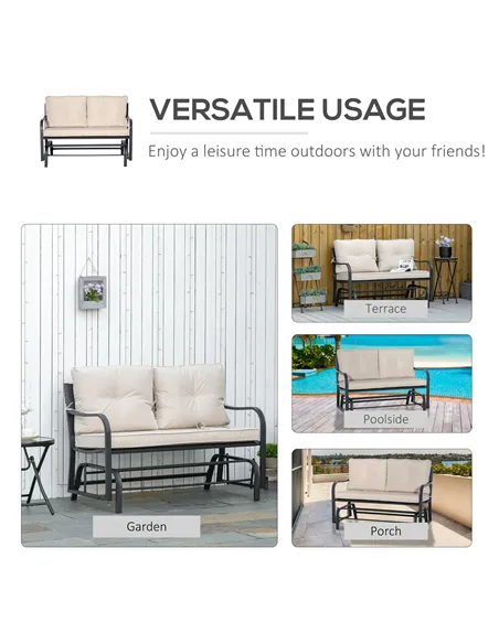 Outsunny 2-Person Outdoor Loveseat Glider Bench Rocking Chair for Patio, Garden, Yard, Porch with Armrest and Cushions, Khaki