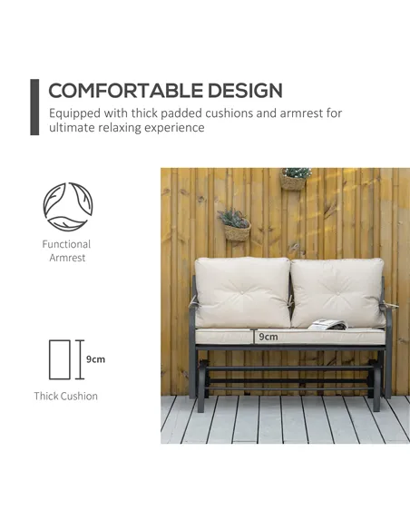 Outsunny 2-Person Outdoor Loveseat Glider Bench Rocking Chair for Patio, Garden, Yard, Porch with Armrest and Cushions, Khaki