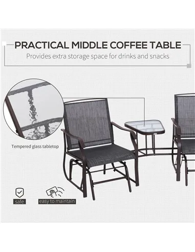 Outsunny Gliding Jack and Jill Seat, with Glass-Top Table - Brown/Grey
