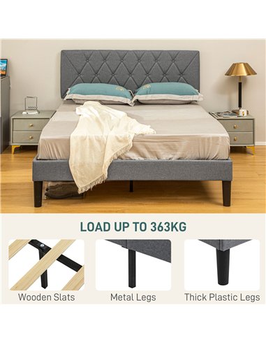 HOMCOM Double Bed Frame with 5-Level Adjustable Linen Upholstered Headboard, Wooden Slats Mattress Foundation, No Box Spring Nee