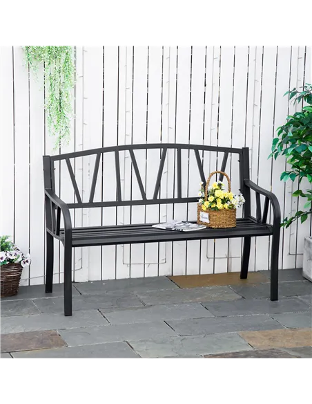 Outsunny 2-Seater Garden Bench Metal Loveseat w/ Decorative Backrest Ergonomic Armrest