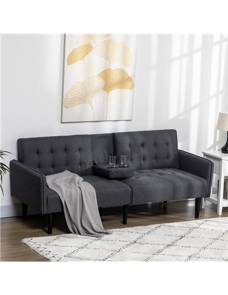 HOMCOM Three-Seater Sofa Bed, with Cupholders - Grey