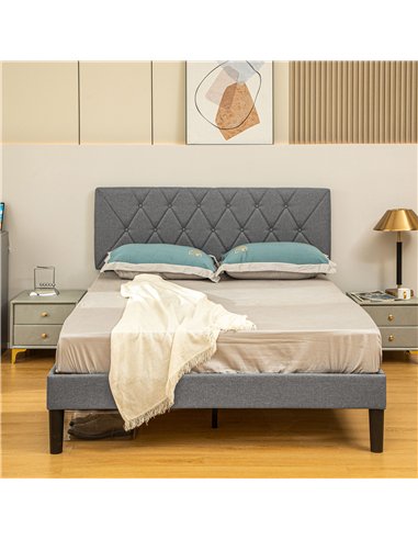 HOMCOM Double Bed Frame with 5-Level Adjustable Linen Upholstered Headboard, Wooden Slats Mattress Foundation, No Box Spring Nee