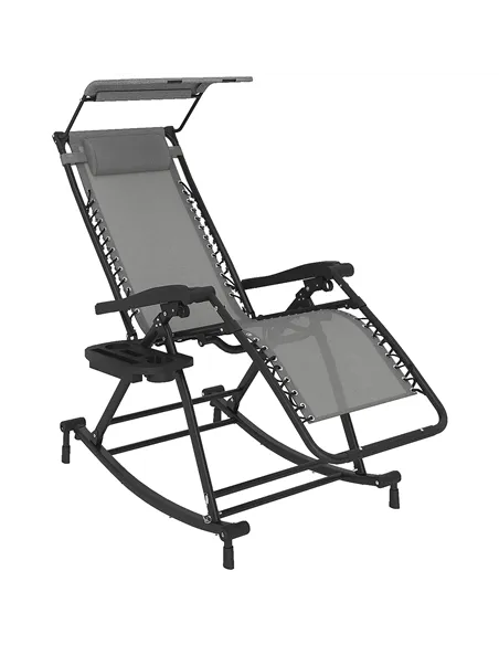 Outsunny Garden Rocking Chair Folding Recliner Outdoor Adjustable Sun Lounger Rocker Zero-Gravity Seat with Headrest Side Holder