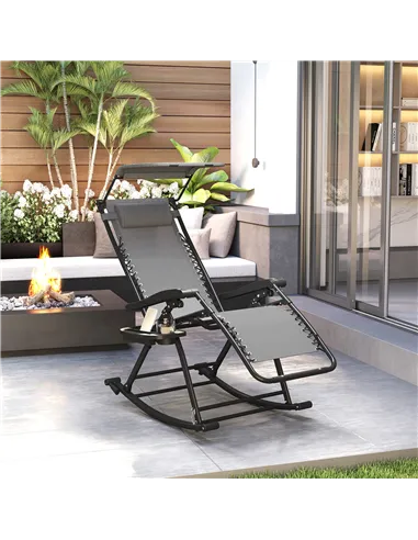 Outsunny Garden Rocking Chair Folding Recliner Outdoor Adjustable Sun Lounger Rocker Zero-Gravity Seat with Headrest Side Holder