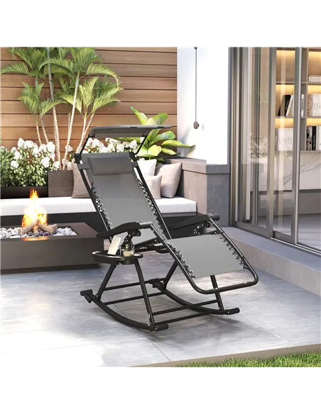 Outsunny Garden Rocking Chair Folding Recliner Outdoor Adjustable Sun Lounger Rocker Zero-Gravity Seat with Headrest Side Holder