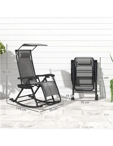 Outsunny Garden Rocking Chair Folding Recliner Outdoor Adjustable Sun Lounger Rocker Zero-Gravity Seat with Headrest Side Holder