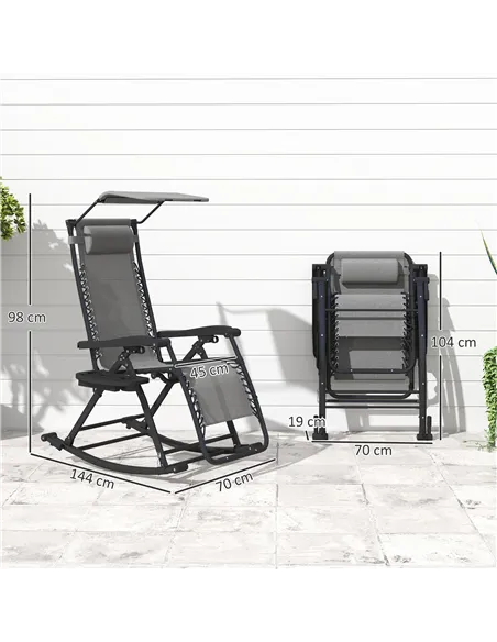 Outsunny Garden Rocking Chair Folding Recliner Outdoor Adjustable Sun Lounger Rocker Zero-Gravity Seat with Headrest Side Holder