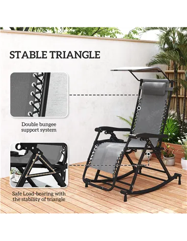 Outsunny Garden Rocking Chair Folding Recliner Outdoor Adjustable Sun Lounger Rocker Zero-Gravity Seat with Headrest Side Holder