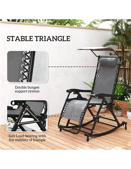 Outsunny Garden Rocking Chair Folding Recliner Outdoor Adjustable Sun Lounger Rocker Zero-Gravity Seat with Headrest Side Holder