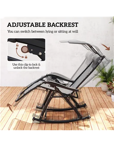 Outsunny Garden Rocking Chair Folding Recliner Outdoor Adjustable Sun Lounger Rocker Zero-Gravity Seat with Headrest Side Holder