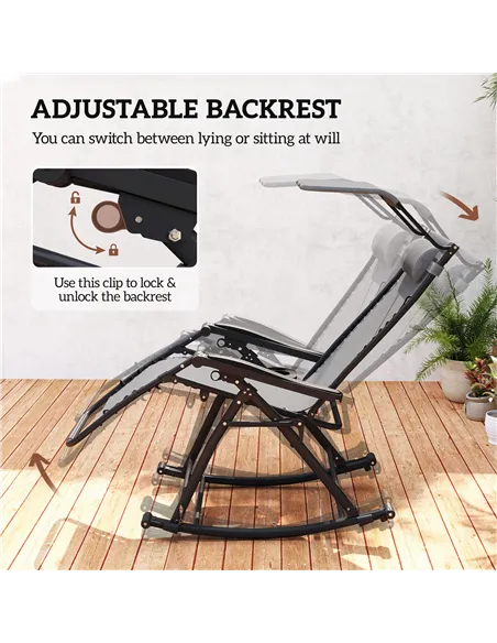 Outsunny Garden Rocking Chair Folding Recliner Outdoor Adjustable Sun Lounger Rocker Zero-Gravity Seat with Headrest Side Holder