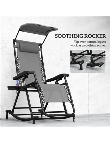 Outsunny Garden Rocking Chair Folding Recliner Outdoor Adjustable Sun Lounger Rocker Zero-Gravity Seat with Headrest Side Holder
