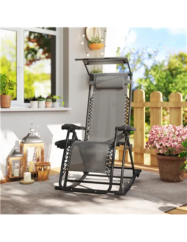 Outsunny Garden Rocking Chair Folding Recliner Outdoor Adjustable Sun Lounger Rocker Zero-Gravity Seat with Headrest Side Holder