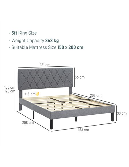 HOMCOM King Size Padded Fabric Headboard Bed Frame - Grey