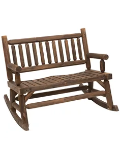 Outsunny Garden 2-Seater Rocking Bench Wood Frame Rough-Cut Log Loveseat Slatted High Back Rustic Style with Armrests Garden Out