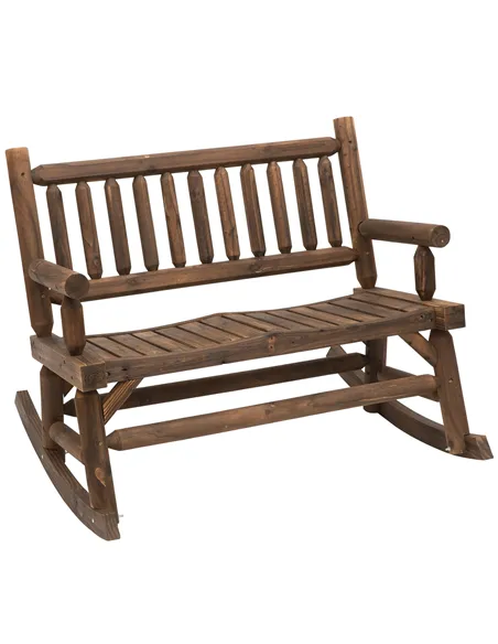 Outsunny Garden 2-Seater Rocking Bench Wood Frame Rough-Cut Log Loveseat Slatted High Back Rustic Style with Armrests Garden Out