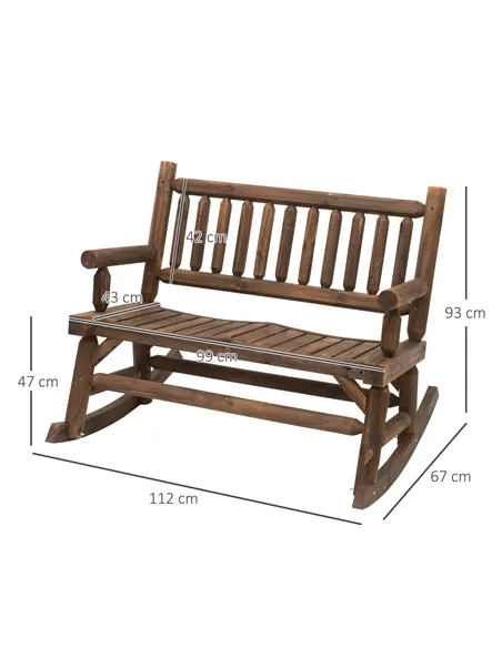 Outsunny Garden 2-Seater Rocking Bench Wood Frame Rough-Cut Log Loveseat Slatted High Back Rustic Style with Armrests Garden Out