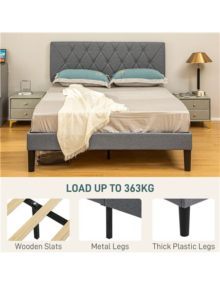 HOMCOM King Size Padded Fabric Headboard Bed Frame - Grey