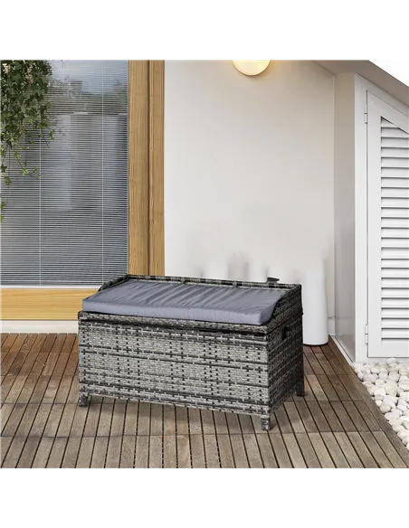 Outsunny 130 L Rattan Garden Storage Box, with Seat - Mixed Grey