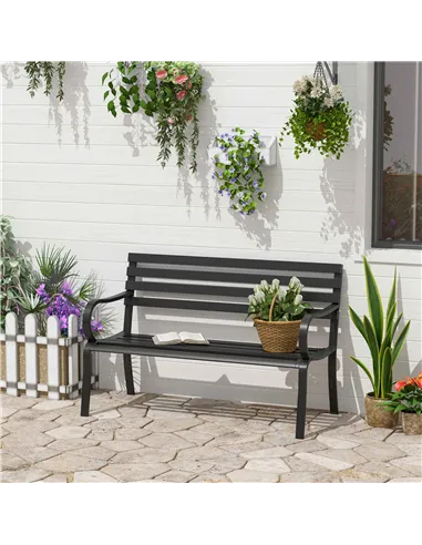 Outsunny Stylish 2 Seater Metal Garden Porch Chair Bench Stable Patio Outdoor Park Metal Bench - Black