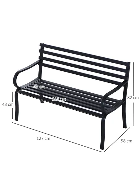 Outsunny Stylish 2 Seater Metal Garden Porch Chair Bench Stable Patio Outdoor Park Metal Bench - Black