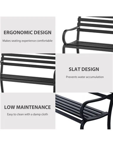 Outsunny Stylish 2 Seater Metal Garden Porch Chair Bench Stable Patio Outdoor Park Metal Bench - Black