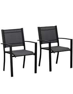Outsunny Set of 2 Outdoor Garden Chairs with Steel Frame Texteline Seats for Dining Patio Balcony Black