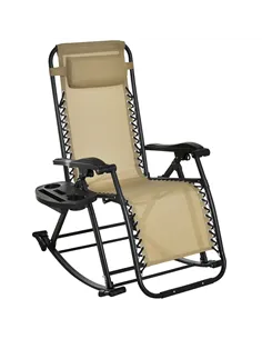 Outsunny Garden Rocking Chair Folding Recliner Outdoor Adjustable Sun Lounger Rocker Zero-Gravity Seat with Headrest Side Holder