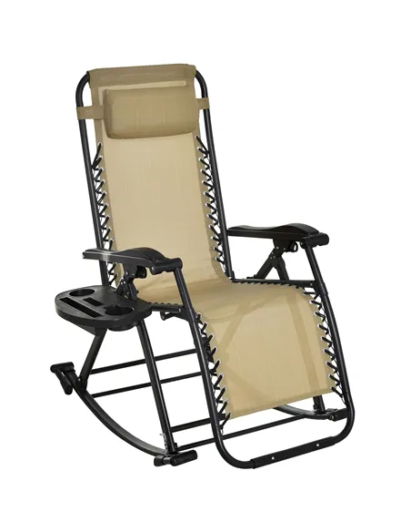 Outsunny Garden Rocking Chair Folding Recliner Outdoor Adjustable Sun Lounger Rocker Zero-Gravity Seat with Headrest Side Holder