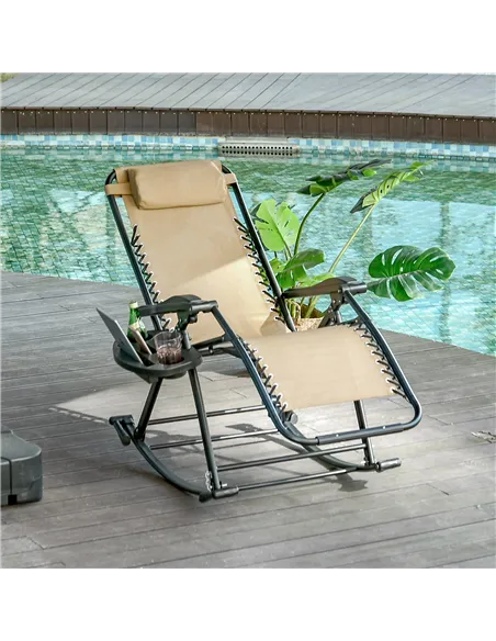 Outsunny Garden Rocking Chair Folding Recliner Outdoor Adjustable Sun Lounger Rocker Zero-Gravity Seat with Headrest Side Holder